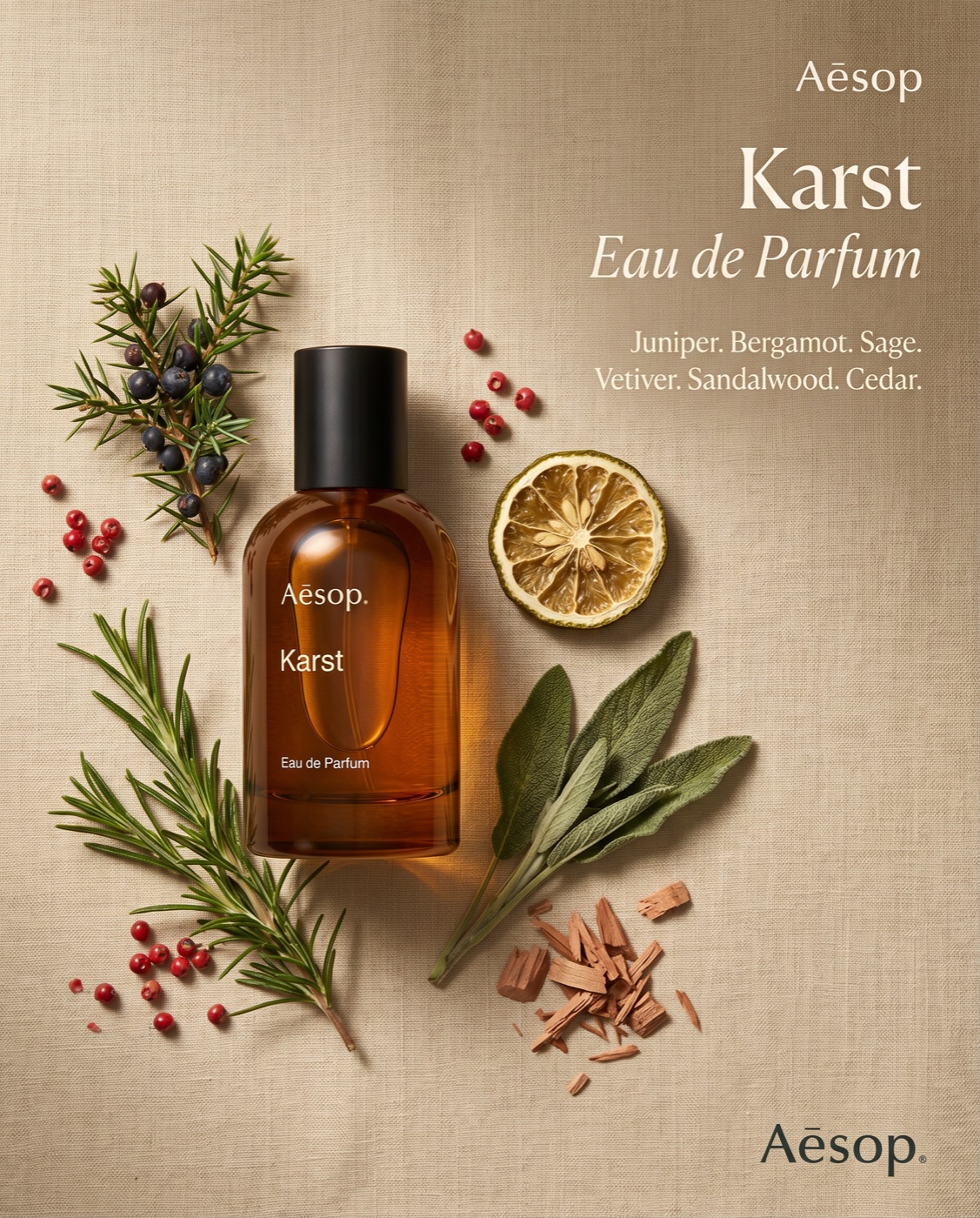 Aesop Karst flat-lay ad, the industry champion under analysis